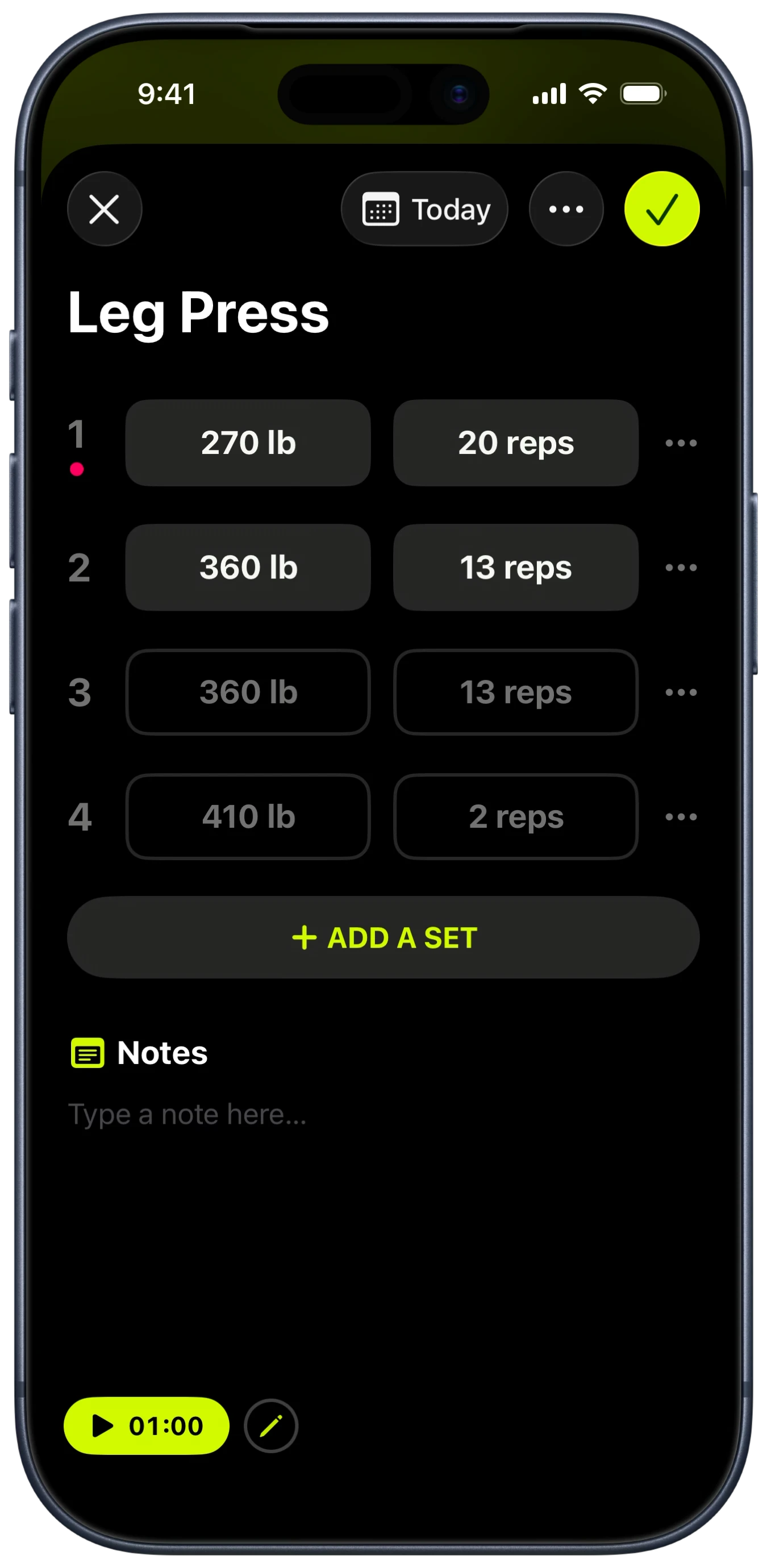 Gains workout log pre-filled from the previous session