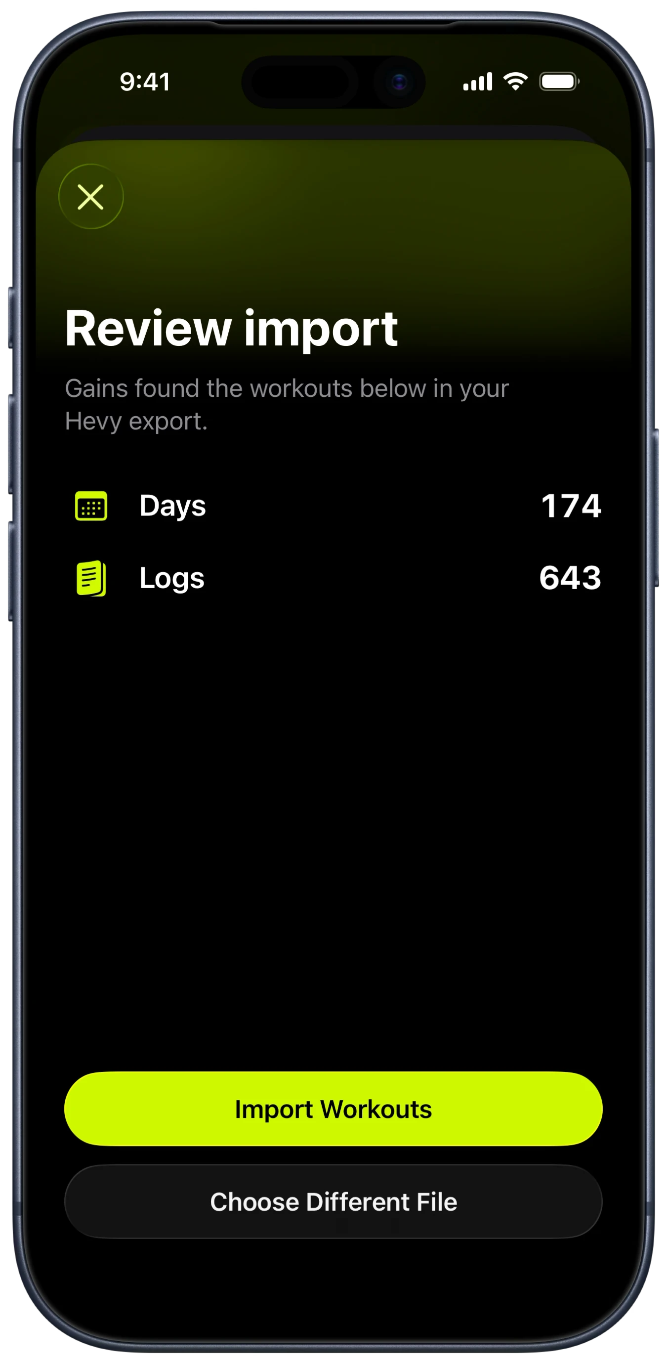 Gains import review showing workouts ready to import